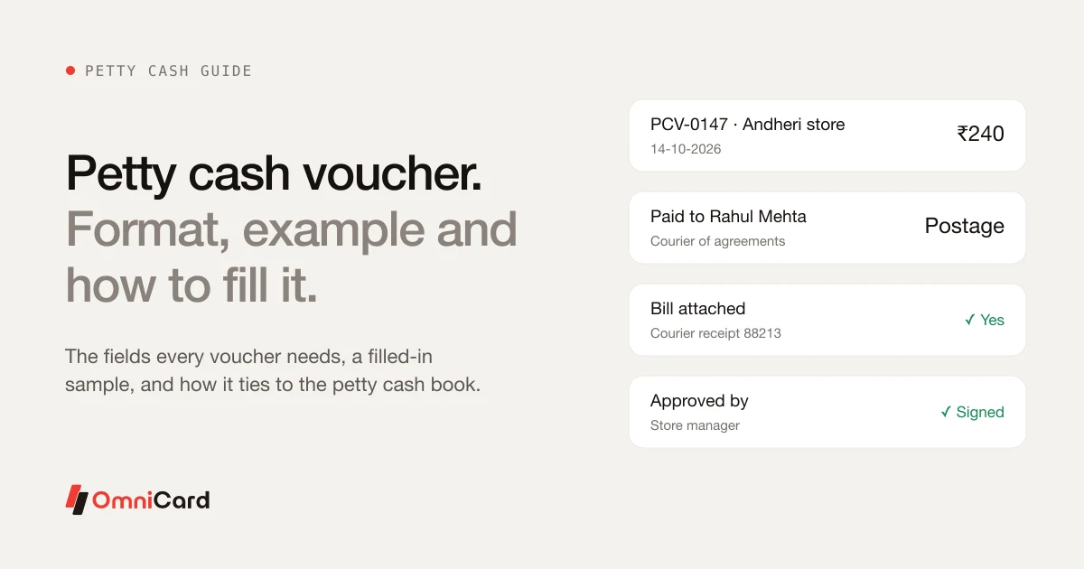 Petty cash voucher: a filled-in sample with voucher number, payee, purpose, amount, bill and approval